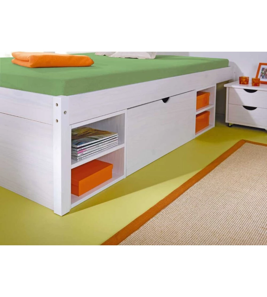 Letto matrimoniale con contenitori e comodini estraibili con ruote "Till" bianco 180x200 cm